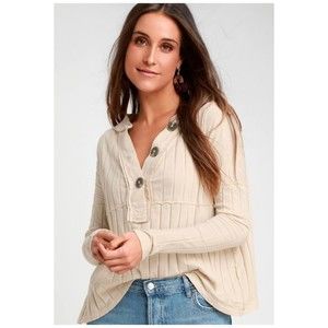 WE THE FREE In the Mix Ivory Ribbed Buttons Long Sleeve Top